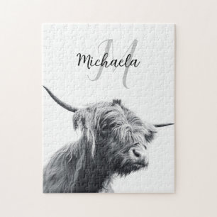 Highland cow portrait initial monogram black white jigsaw puzzle