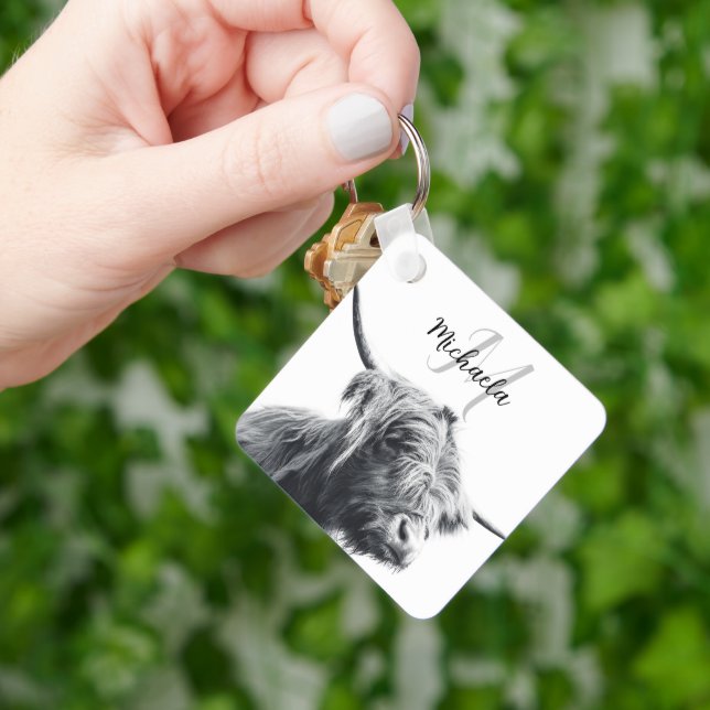 Highland cow portrait initial monogram black white keychain (Hand)