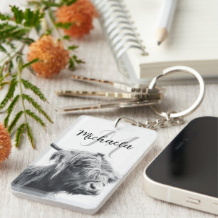 Highland cow portrait initial monogram black white keychain