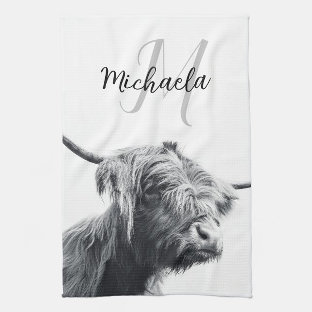 Highland cow portrait initial monogram black white kitchen towel (Vertical)