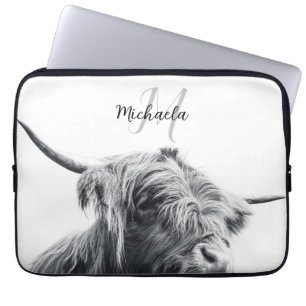 Highland cow portrait initial monogram black white laptop sleeve