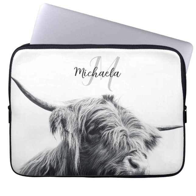 Highland cow portrait initial monogram black white laptop sleeve (Front)