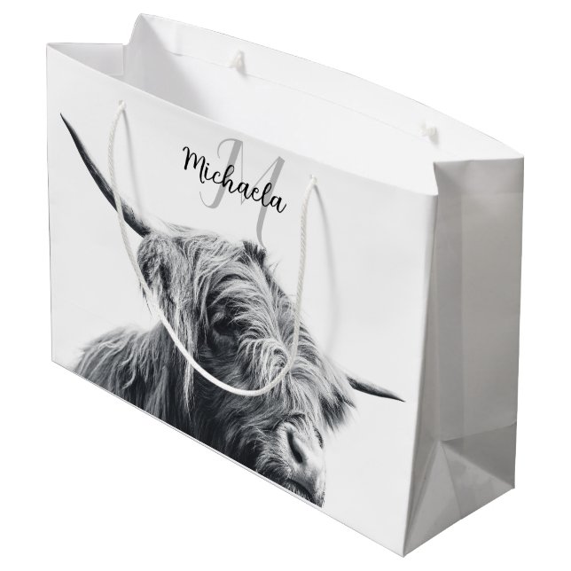 Highland cow portrait initial monogram black white large gift bag (Back Angled)