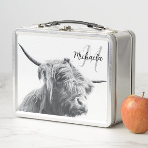 Highland cow portrait initial monogram black white metal lunch box