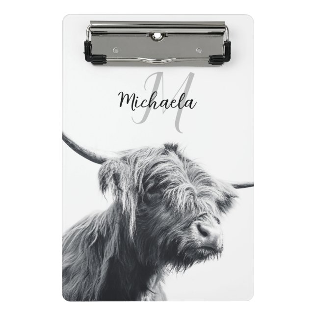 Highland cow portrait initial monogram black white mini clipboard (Front)