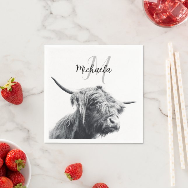 Highland cow portrait initial monogram black white napkin (Insitu)