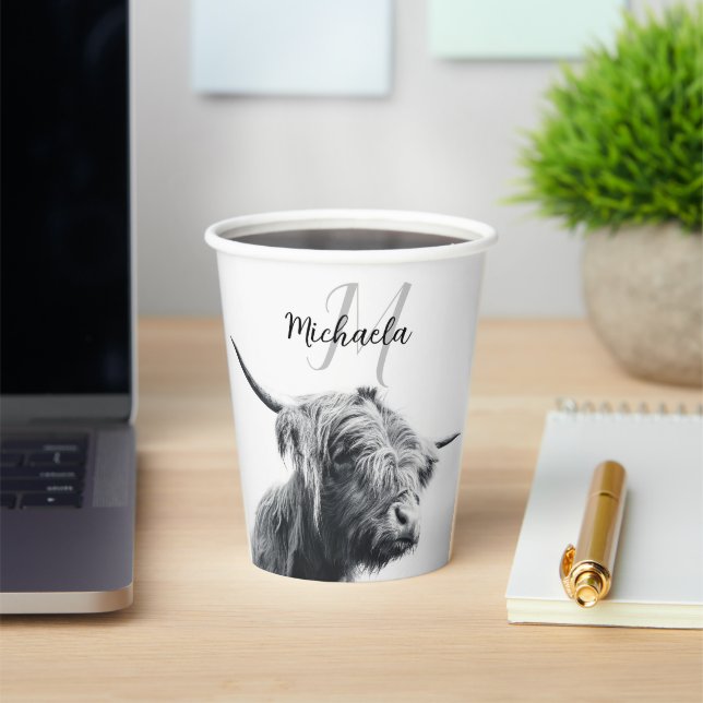 Highland cow portrait initial monogram black white paper cups (Insitu)