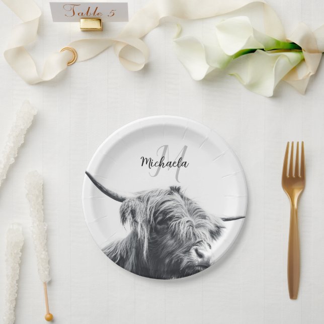 Highland cow portrait initial monogram black white paper plate (Wedding)