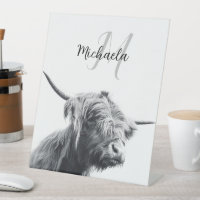 Highland cow portrait initial monogram black white