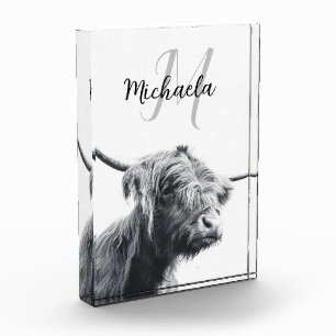Highland cow portrait initial monogram black white photo block