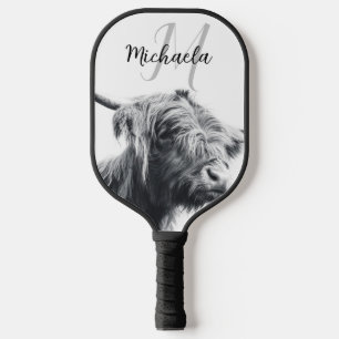 Highland cow portrait initial monogram black white pickleball paddle
