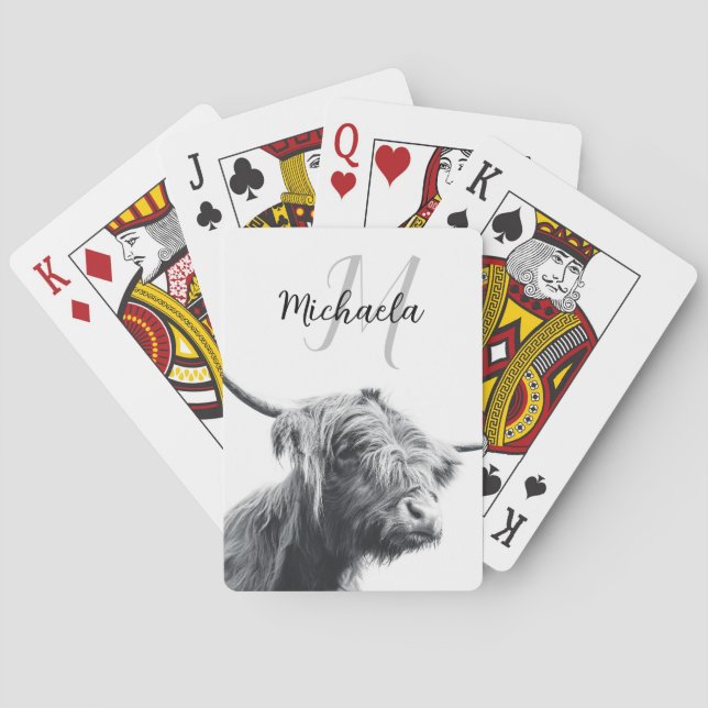 Highland cow portrait initial monogram black white playing cards (Back)