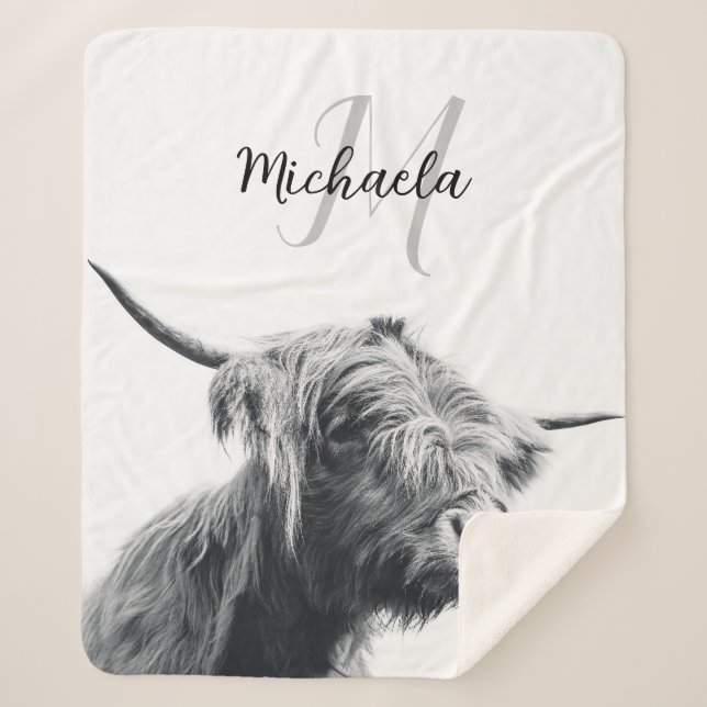 Highland cow portrait initial monogram black white sherpa blanket (Front)