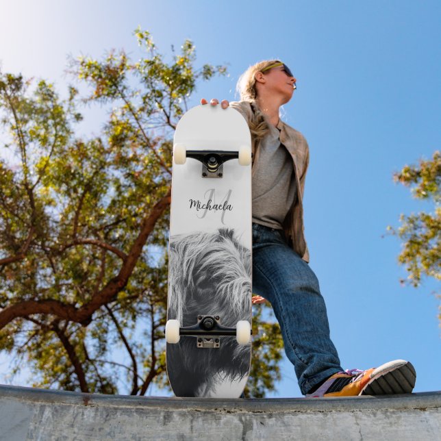 Highland cow portrait initial monogram black white skateboard (Outdoor 1)