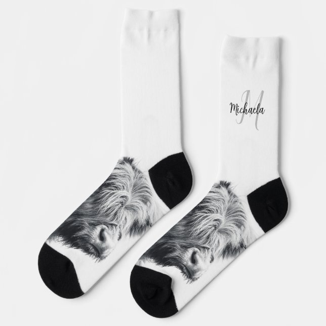 Highland cow portrait initial monogram black white socks (Left)