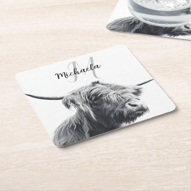 Highland cow portrait initial monogram black white square paper coaster (Angled)