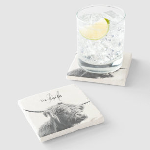 Highland cow portrait initial monogram black white stone coaster