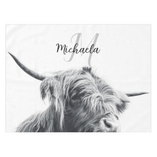 Highland cow portrait initial monogram black white tablecloth