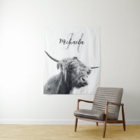 Highland cow portrait initial monogram black white