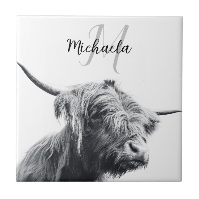 Highland cow portrait initial monogram black white tile (Front)