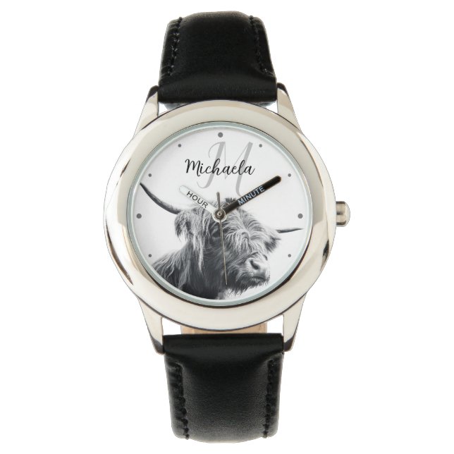 Highland cow portrait initial monogram black white watch (Front)