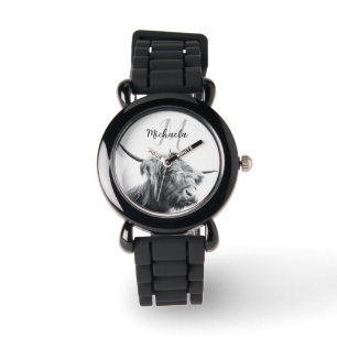 Highland cow portrait initial monogram black white watch