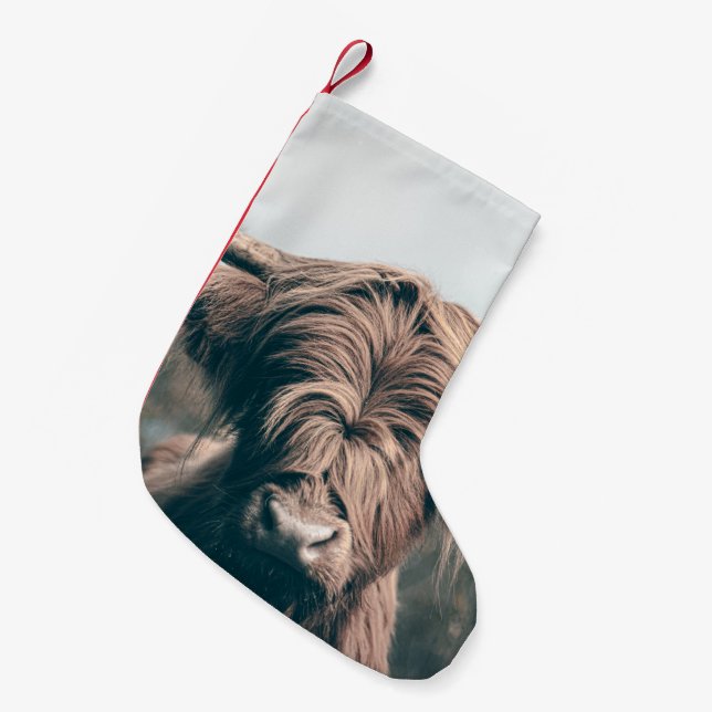 Highland cow portrait small christmas stocking (Front (Hanging))
