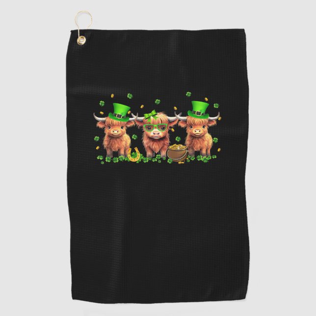 Highland Cow Print St Patricks Day Shamrock Irish  Golf Towel (Front)