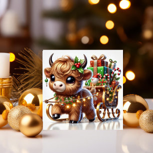 Highland Cow Pulling Santa's Sleigh Holiday Card