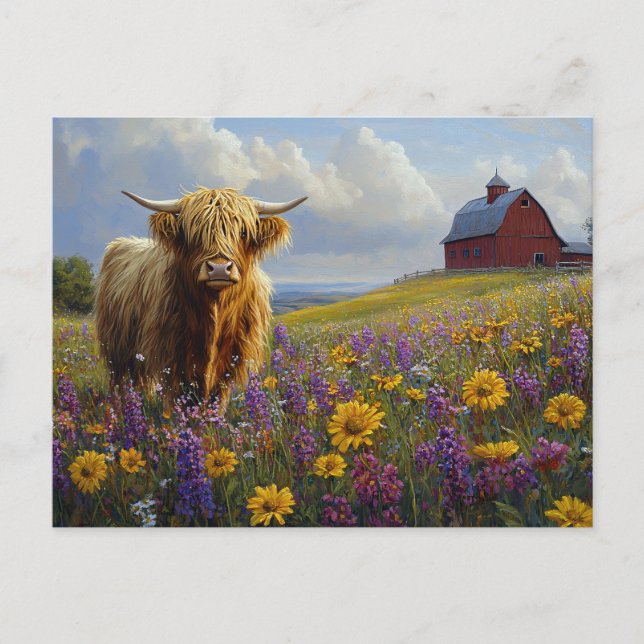 Highland Cow Purple Yellow Wildflowers Postcard (Front)