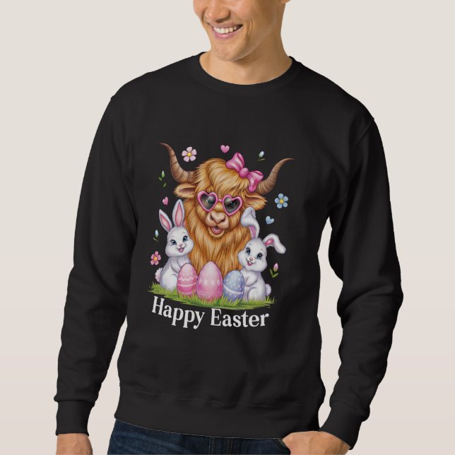 Highland Cow Rabbit Ears Bow Cute Bunnies Eggs Hap Sweatshirt (Front)
