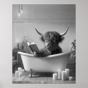 Highland Cow Reading Bath Black and White Bathroom Poster