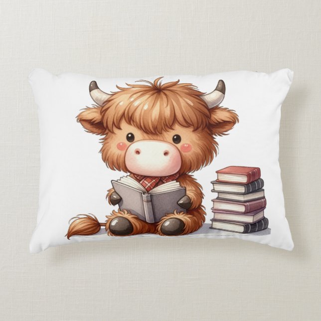 Highland Cow Reading Books Accent Pillow (Front)