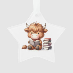 Highland Cow Reading Books Ornament
