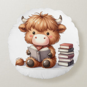 Highland Cow Reading Books Round Pillow