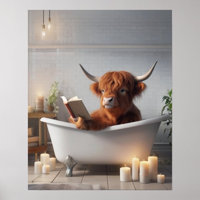 Highland Cow Reading in Bath Tub Funny Bathroom Poster (Front)