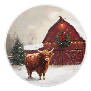 Highland Cow Red Barn Christmas Wreath Ceramic Knob