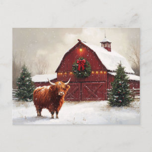 Highland Cow Red Barn Christmas Wreath Postcard