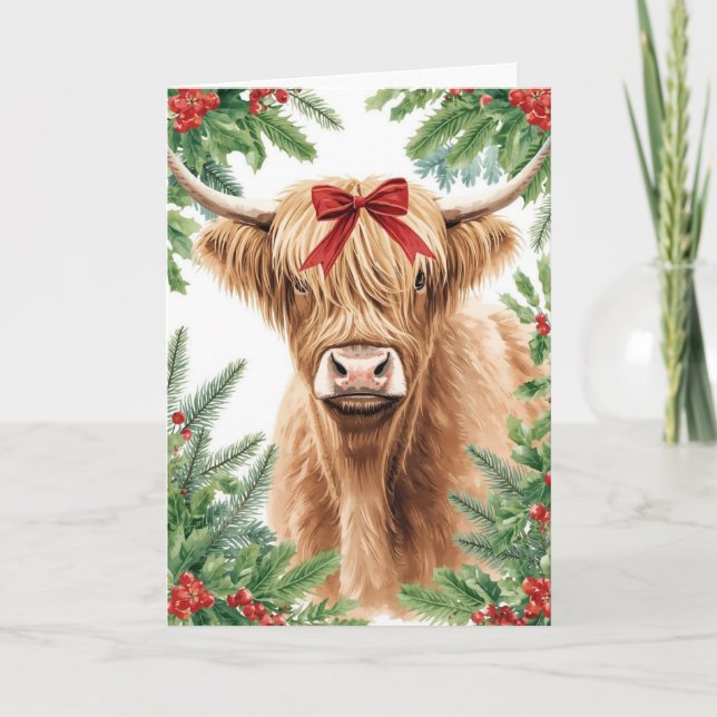 Highland Cow Red Bow Christmas  Holiday Card (Front)