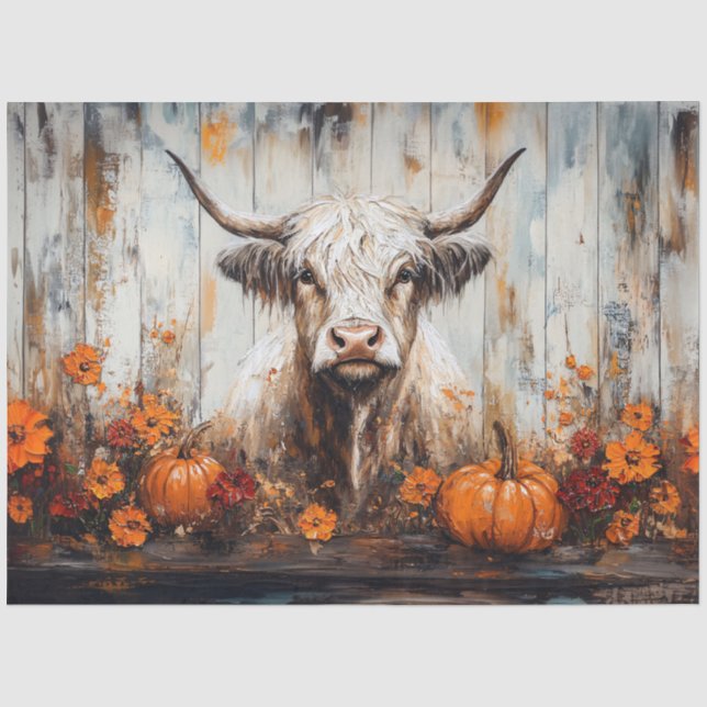 Highland Cow Rustic Autumn Painting Decoupage Tissue Paper (Front)