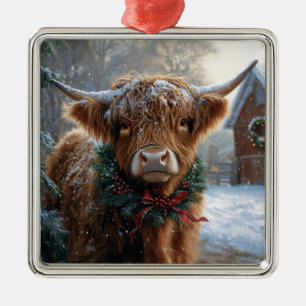 Highland Cow Rustic Barnyard Christmas Metal Ornament