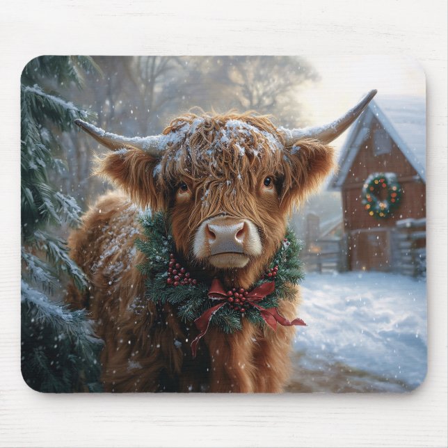 Highland Cow Rustic Barnyard Christmas Mouse Pad (Front)