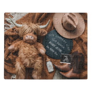 Highland Cow Rustic farm pregnancy announcement  Jigsaw Puzzle