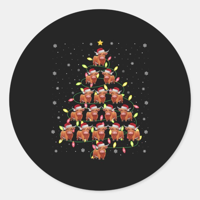 Highland Cow Santa Christmas Tree Lights Ugly Swea Classic Round Sticker (Front)