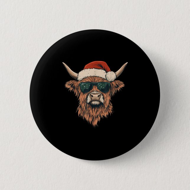 Highland Cow Santa Hat Funny Cute Animal Farmer Ch 2 Inch Round Button (Front)
