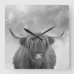 Highland Cow Scotland Clouds Black White  Square Wall Clock