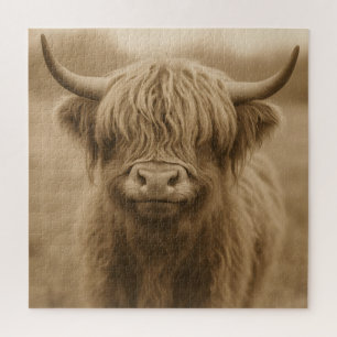 Highland Cow Sepia Portrait Jigsaw Puzzle