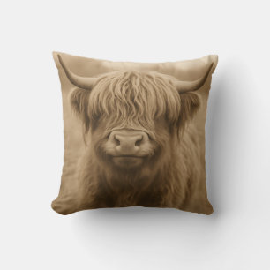 Highland Cow Sepia Portrait Throw Pillow