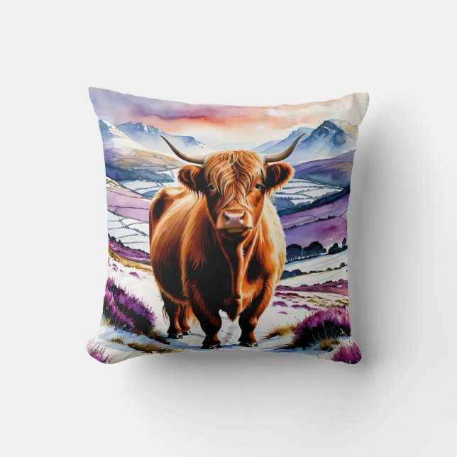Highland Cow Snow Watercolor Custom Text Christmas Throw Pillow (Front)