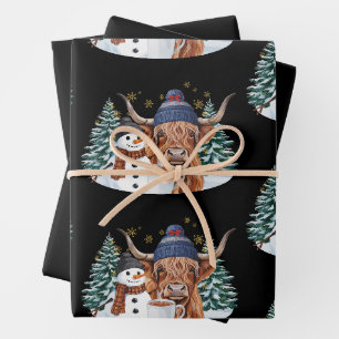 Highland Cow Snowman Hot Cocoa Christmas Tree Xmas Wrapping Paper Sheet